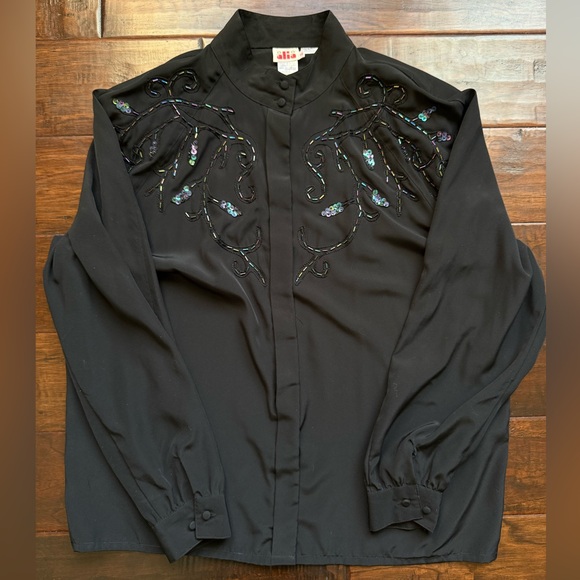 Alia Tops - Vintage 80s Alia Black Blouse with Sequin Embellishments